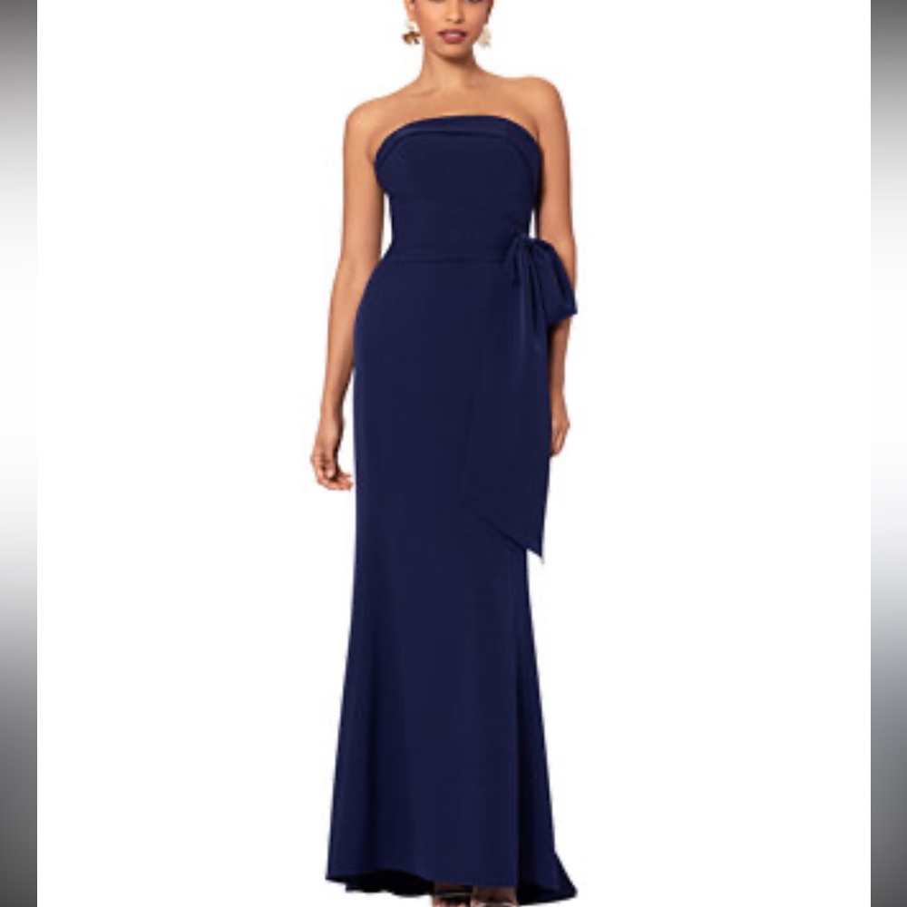 Betsy & Adam Strapless Navy Blue Evening Gown